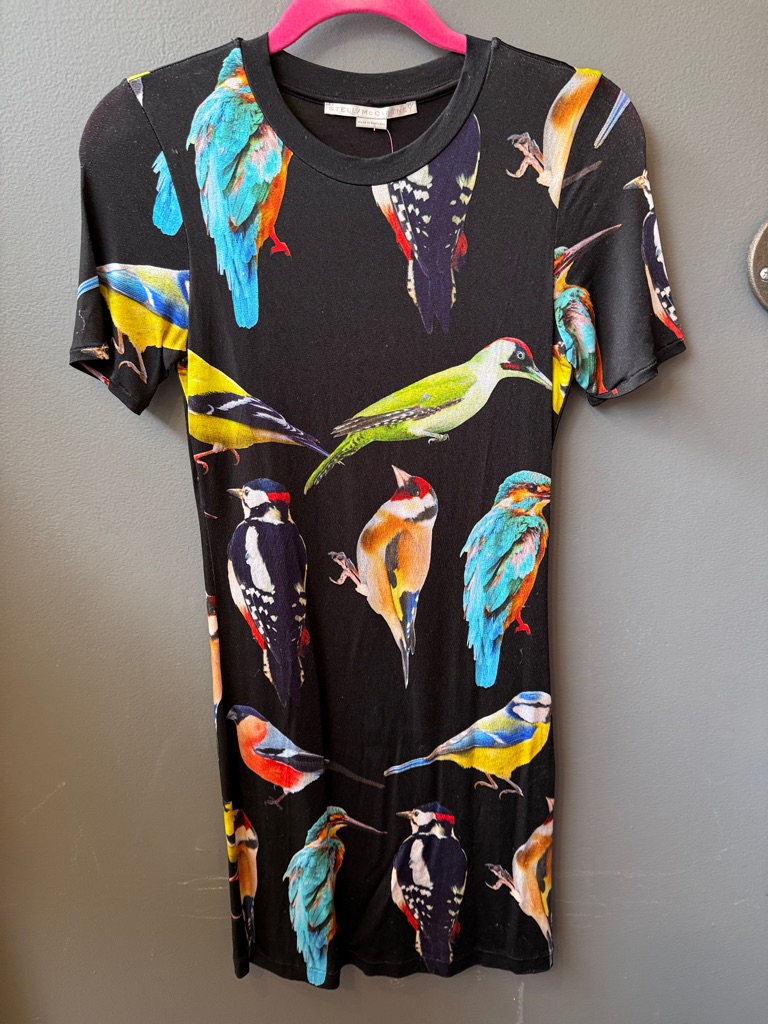 Stella Mccartney Black Knit Dress With Multicolor Bird Motif